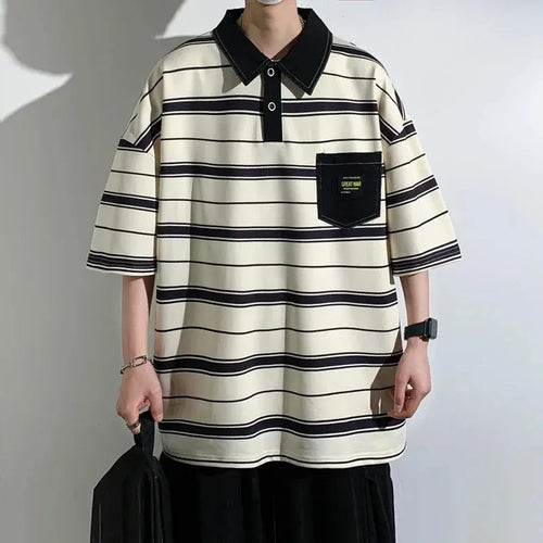 Black 2024 summer men's polo shirt from SHOPEZRA L.L.C. with short sleeves, round neck, and a loose, trendy fit.