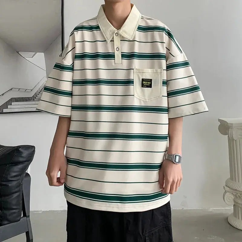 Black 2024 summer men's polo shirt by SHOPEZRA L.L.C. with short sleeves, round neck, and a loose fit, casual Harajuku style.