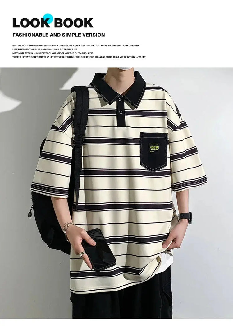 2024 New Summer Men POLO Shirt Trend Loose Clothing Students Short-sleeved T Shirt Tops Round Neck Five-quarter Sleeve Harajuku SHOPEZRA L.L.C.