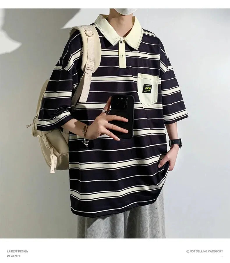 2024 New Summer Men POLO Shirt Trend Loose Clothing Students Short-sleeved T Shirt Tops Round Neck Five-quarter Sleeve Harajuku SHOPEZRA L.L.C.