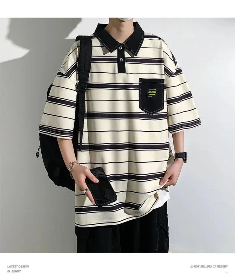 2024 New Summer Men POLO Shirt Trend Loose Clothing Students Short-sleeved T Shirt Tops Round Neck Five-quarter Sleeve Harajuku SHOPEZRA L.L.C.