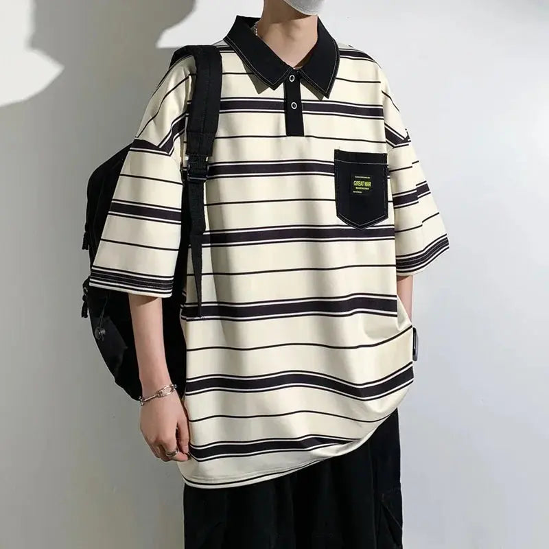 Black 2024 summer men's polo shirt by SHOPEZRA L.L.C. with short sleeves, round neck, loose fit, and trendy Harajuku style.