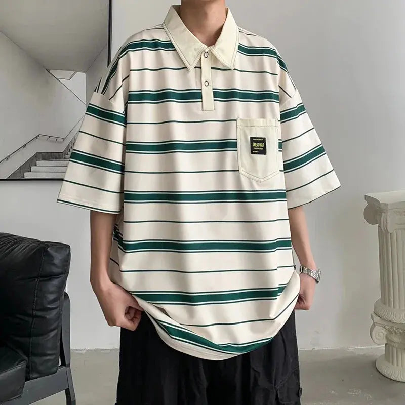 Black 2024 men's summer polo shirt by Shopezra L.L.C. with short sleeves, round neck, loose fit, ideal for casual or student wear.