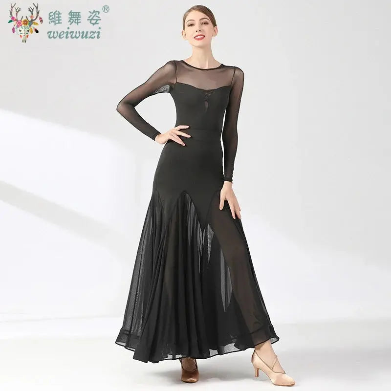 Black ballroom dance performance dress for women, simple elegant style, suitable for waltz, social dancing, and competitions.
