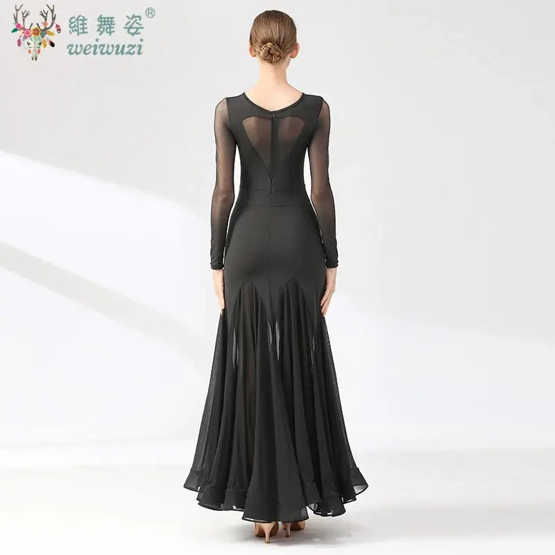 Elegant black ballroom dance dress for women, simple style, suitable for waltz, social dancing, and competitions by SHOPEZRA L.L.C.