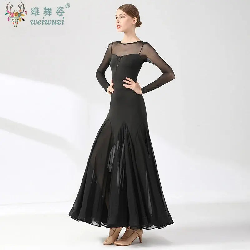 Black ballroom dance dress for women by SHOPEZRA L.L.C., simple elegant style for waltz, social dancing, and competitions