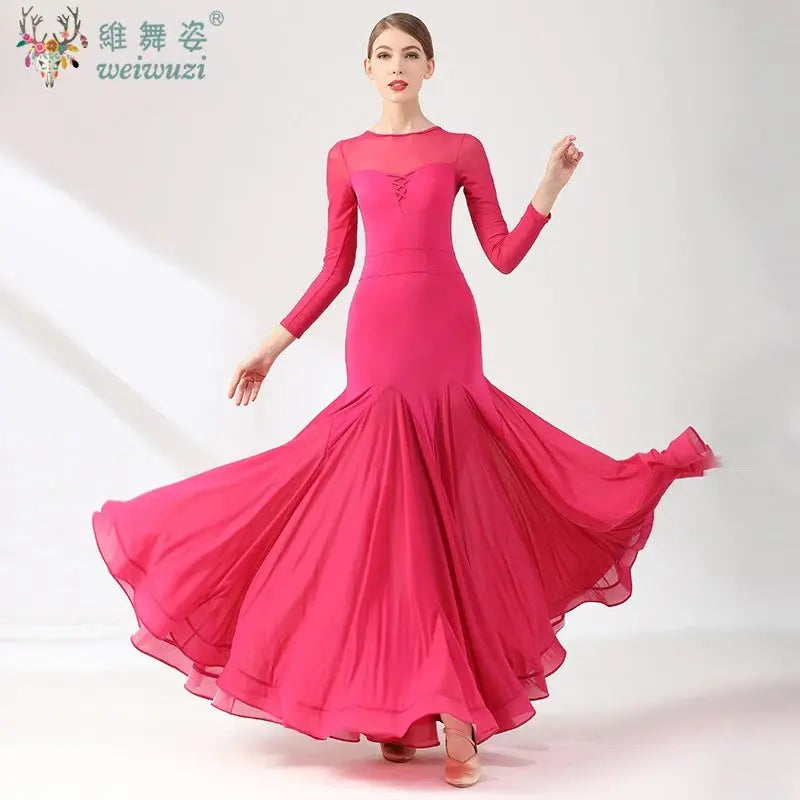 Black ballroom dance dress for women, simple elegant style, suitable for waltz, competition, and social dancing performances.