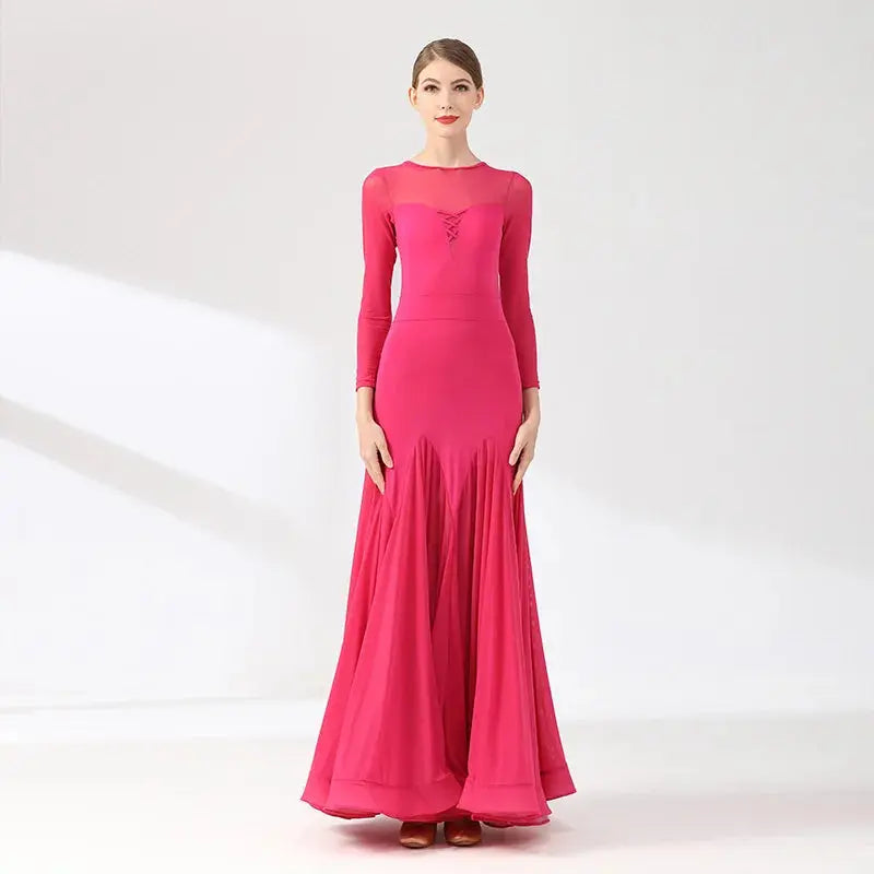 Black ballroom dance dress for women, simple elegant style, suitable for waltz, social dancing, and competitions.