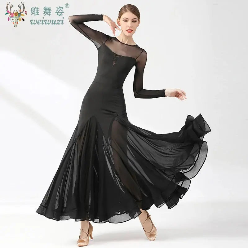 Elegant black ballroom dance dress for women by SHOPEZRA L.L.C., simple style, perfect for waltz, social dancing, and competitions.