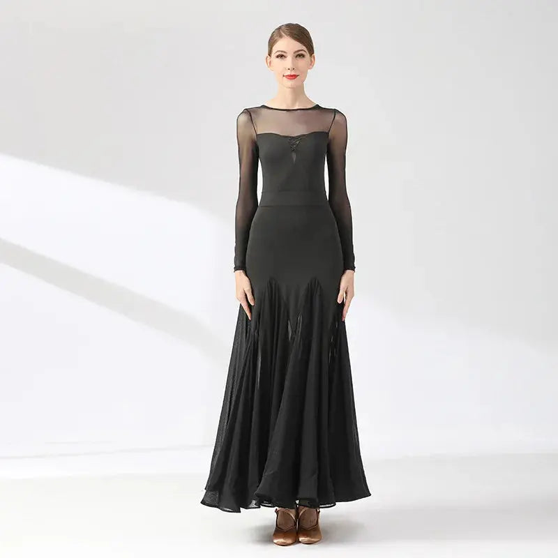 Black ballroom dance performance dress for women, simple elegant style suitable for waltz, social, and competition dancing.