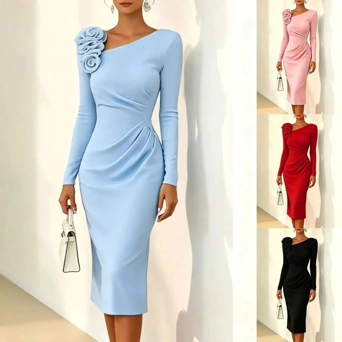 Banquet Dress for Women Elegant Sweet 3D Flower Ruched Bodycon Midi Robe Female Party Prom Vestidos Evening Gown Lady by Dropshipman
