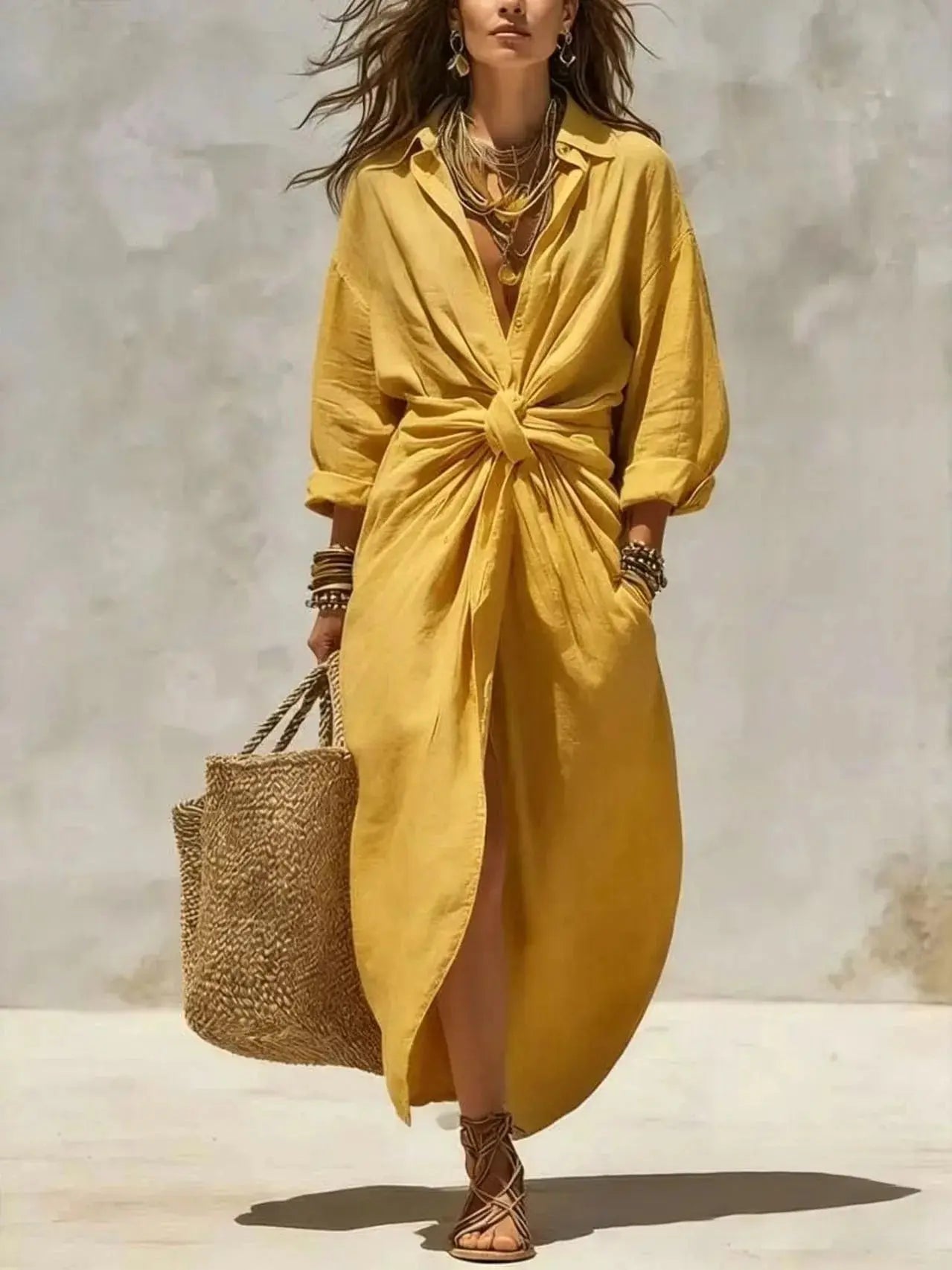 White linen cotton boho shirt dress with long sleeves, high waist knot, maxi length, casual loose fit, split hem for women.