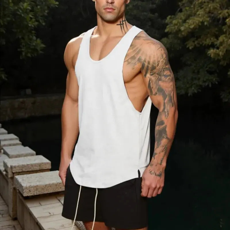 Men's cotton summer tank top with square collar, sleeveless design, breathable and comfortable for gym, exercise, and casual wear.