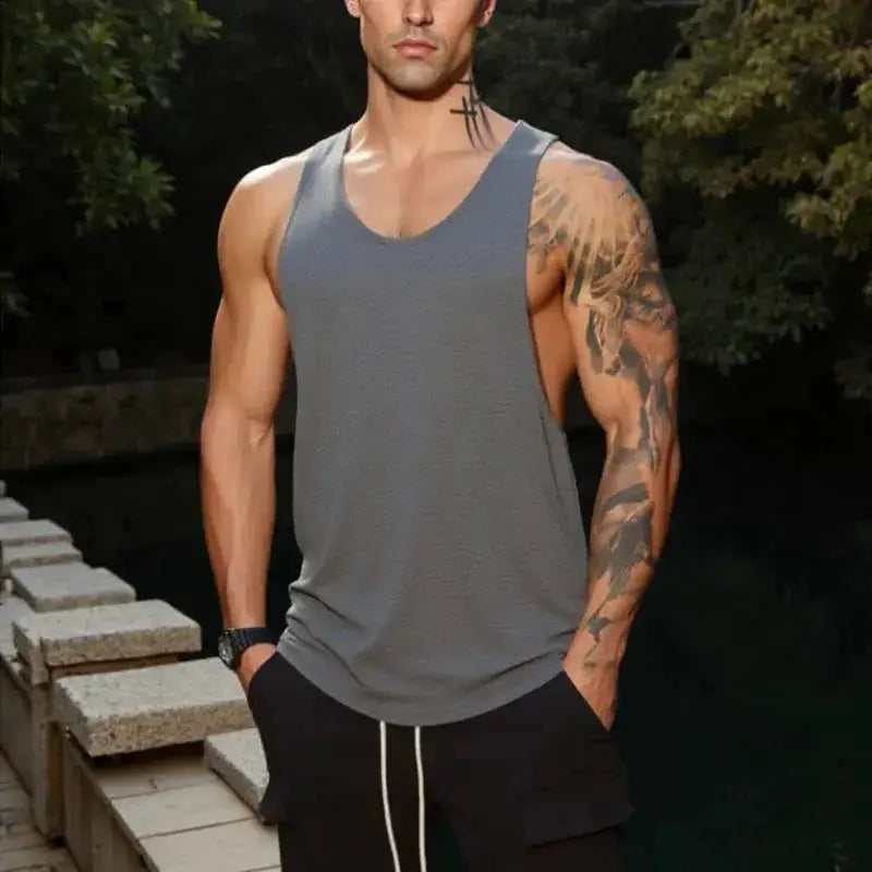 Men's summer cotton sleeveless tank top with square collar, breathable and comfortable for gym, exercise, and casual sports.