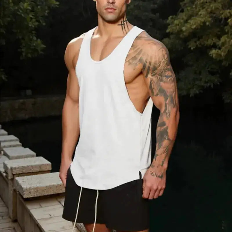Black men's summer cotton tank top with sleeveless square collar, breathable and comfortable for gym, casual, and sports use.