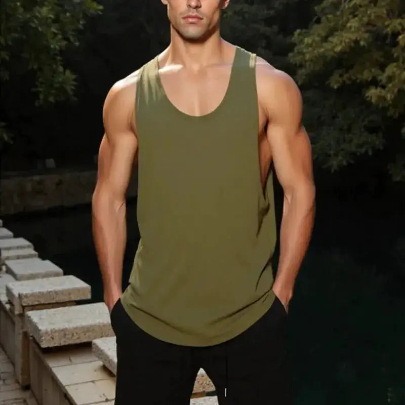 Black men's summer cotton tank top with square collar, sleeveless gym T-shirt, breathable and comfortable casual sports vest.