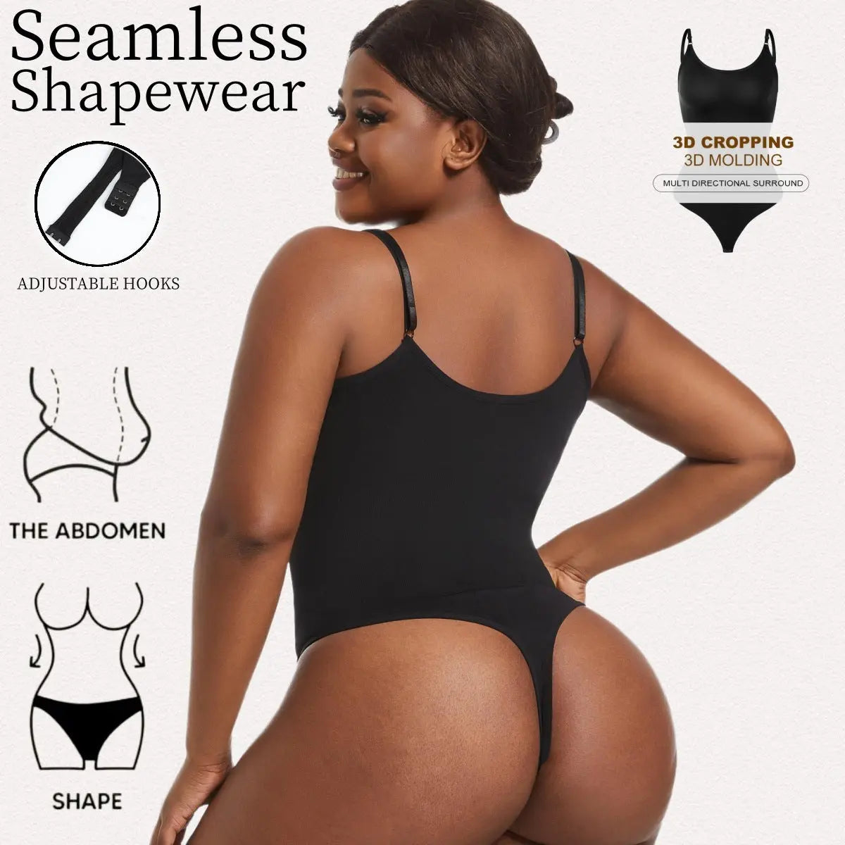Black plus size seamless bodysuit with tummy control, thong back, high elastic thread, ideal for body shaping and smooth fit.