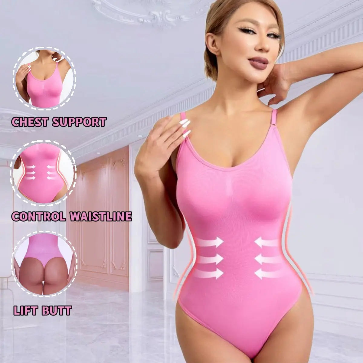 Black plus size body-shaping bodysuit with tummy control, thong style, seamless design, high elasticity, by SHOPEZRA L.L.C.