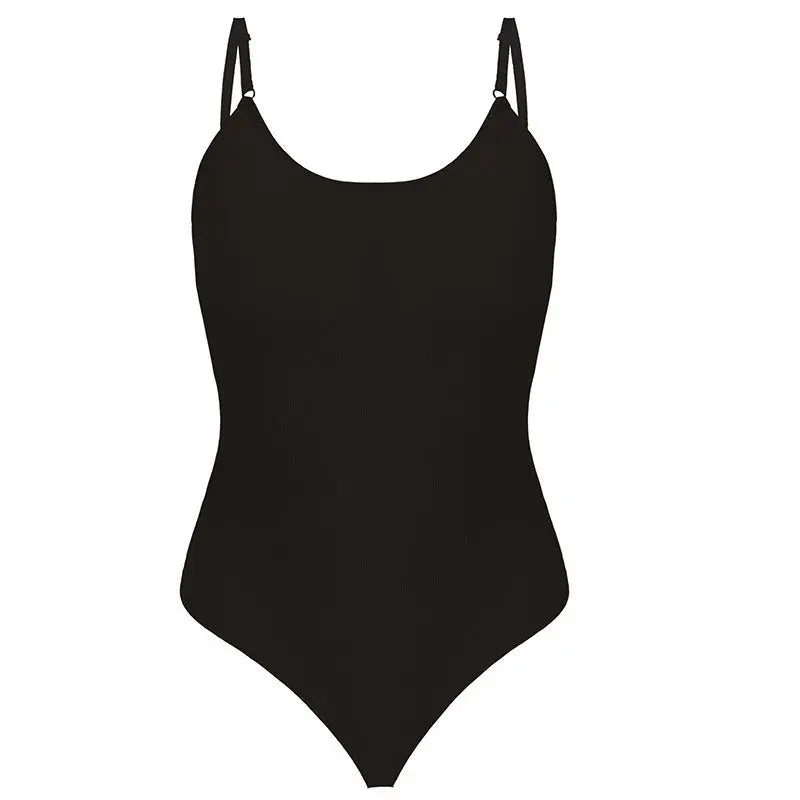 Black plus size seamless bodysuit with tummy control, thong back, high elastic thread, and one-piece design by SHOPEZRA L.L.C.
