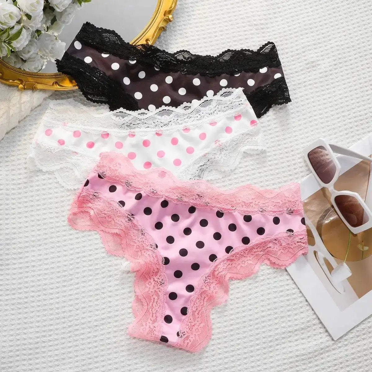 Japanese Sweet Girl Triangle Panties Polka Dot Milk Silk Thong Mid-Low Waist Lace Comfortable Cotton Crotch 465 by Dropshipman
