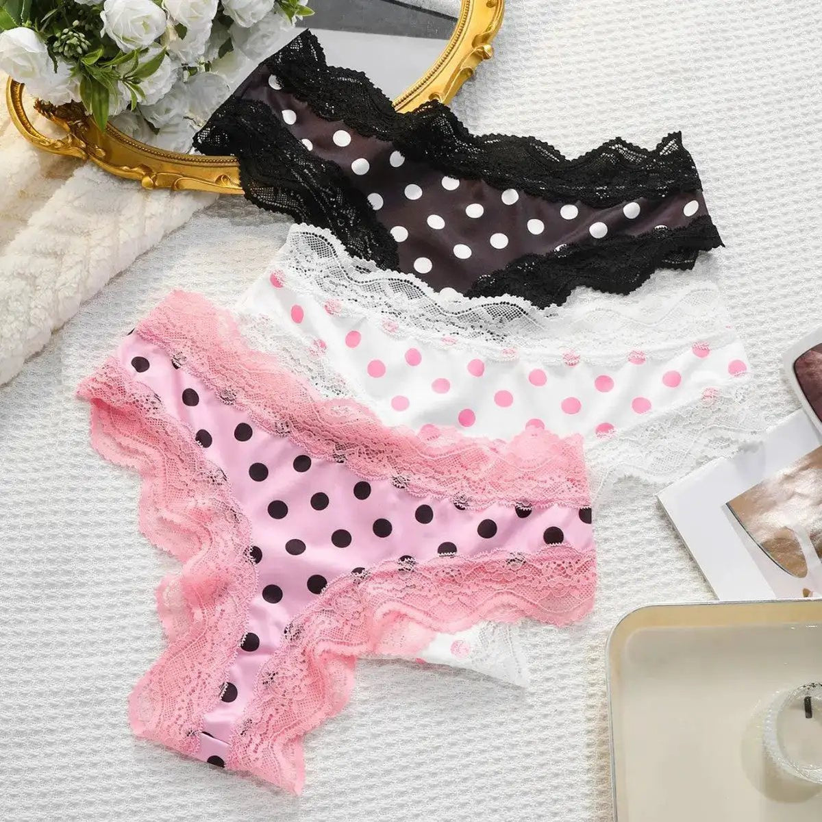 Japanese Sweet Girl Triangle Panties Polka Dot Milk Silk Thong Mid-Low Waist Lace Comfortable Cotton Crotch 465 by Dropshipman