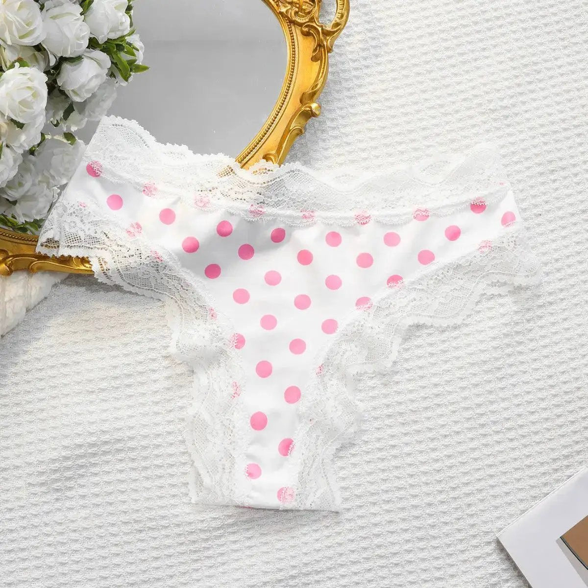 Japanese Sweet Girl Triangle Panties Polka Dot Milk Silk Thong Mid-Low Waist Lace Comfortable Cotton Crotch 465 by Dropshipman