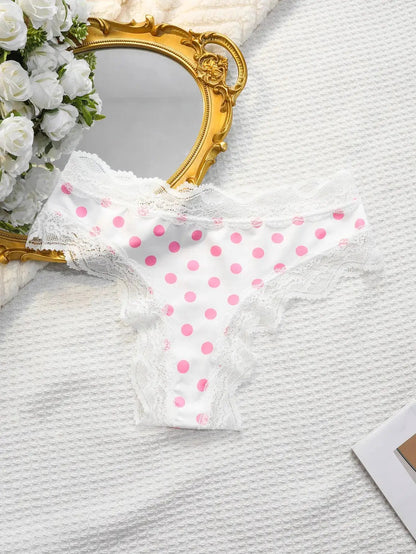 Japanese Sweet Girl Triangle Panties Polka Dot Milk Silk Thong Mid-Low Waist Lace Comfortable Cotton Crotch 465 by Dropshipman