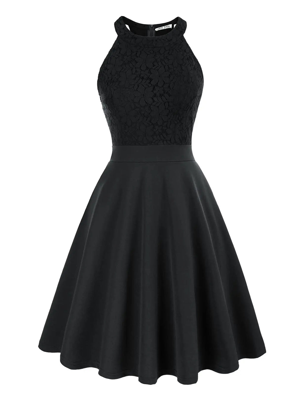 sleeveless lace semi formal dresses for teens in black, knee length, flared skater skirt design.