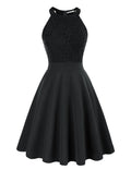 sleeveless lace semi formal dresses for teens in black, knee length, flared skater skirt design.