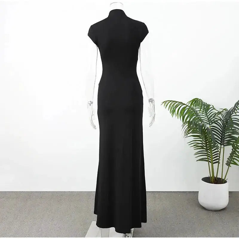 Y2k Black Hollow Out Slit Dress Women Solid Short Sleeve High Neck Slim Fit Maxi Dresses Lady Fashion Evening Party Club Robe by Dropshipman