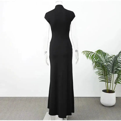 Y2k Black Hollow Out Slit Dress Women Solid Short Sleeve High Neck Slim Fit Maxi Dresses Lady Fashion Evening Party Club Robe by Dropshipman