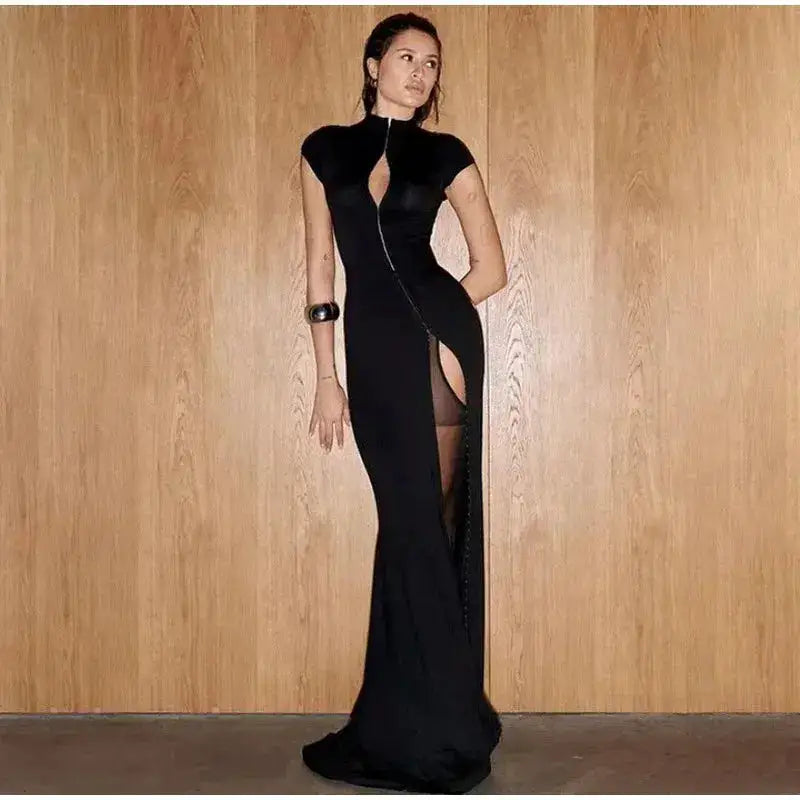 Y2k Black Hollow Out Slit Dress Women Solid Short Sleeve High Neck Slim Fit Maxi Dresses Lady Fashion Evening Party Club Robe by Dropshipman
