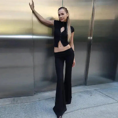 Y2k Black Hollow Out Slit Dress Women Solid Short Sleeve High Neck Slim Fit Maxi Dresses Lady Fashion Evening Party Club Robe by Dropshipman