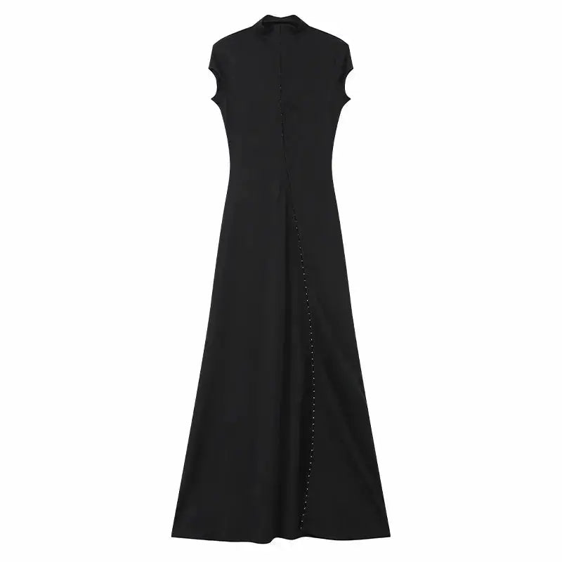 Y2k Black Hollow Out Slit Dress Women Solid Short Sleeve High Neck Slim Fit Maxi Dresses Lady Fashion Evening Party Club Robe by Dropshipman