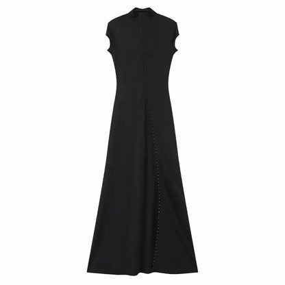 Y2k Black Hollow Out Slit Dress Women Solid Short Sleeve High Neck Slim Fit Maxi Dresses Lady Fashion Evening Party Club Robe by Dropshipman