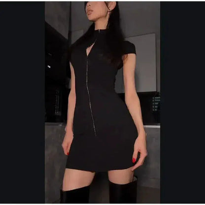 Y2k Black Hollow Out Slit Dress Women Solid Short Sleeve High Neck Slim Fit Maxi Dresses Lady Fashion Evening Party Club Robe by Dropshipman