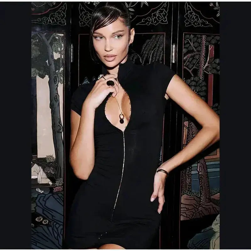 Y2k Black Hollow Out Slit Dress Women Solid Short Sleeve High Neck Slim Fit Maxi Dresses Lady Fashion Evening Party Club Robe by Dropshipman