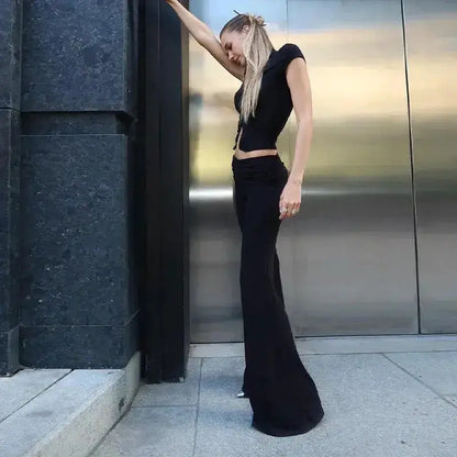 Y2k Black Hollow Out Slit Dress Women Solid Short Sleeve High Neck Slim Fit Maxi Dresses Lady Fashion Evening Party Club Robe by Dropshipman