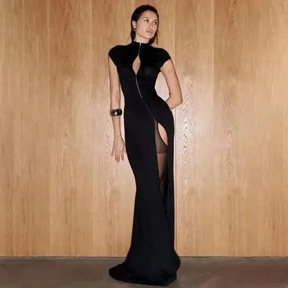 Y2k Black Hollow Out Slit Dress Women Solid Short Sleeve High Neck Slim Fit Maxi Dresses Lady Fashion Evening Party Club Robe by Dropshipman