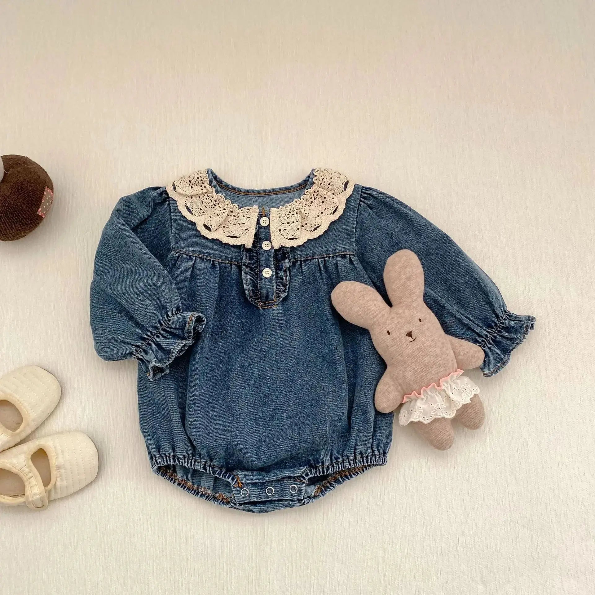 Baby girl denim climbing outfit by SHOPEZRA L.L.C. featuring long sleeves and princess-style design for spring and autumn.