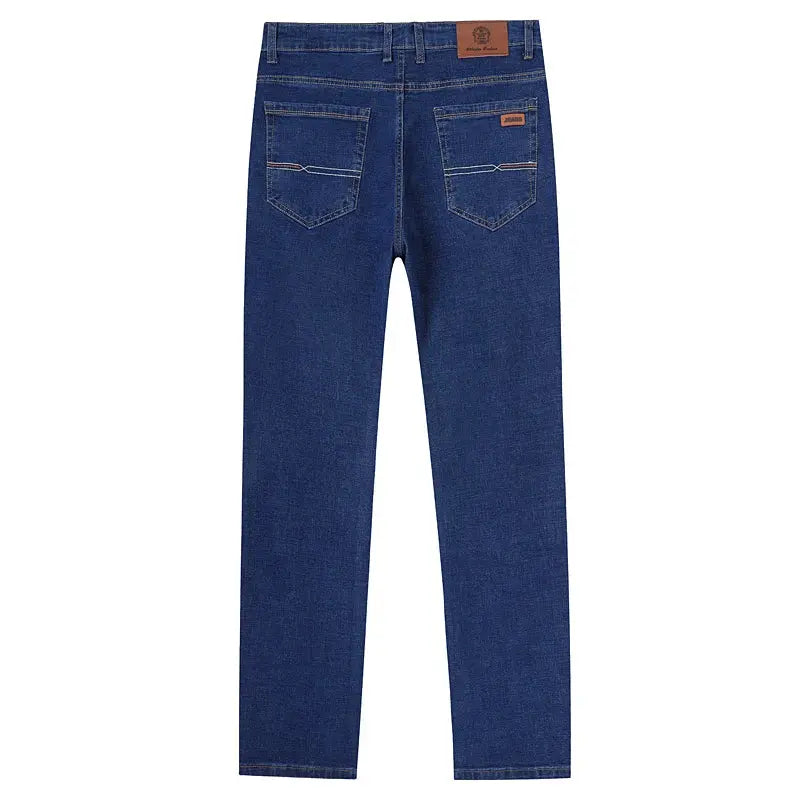 Men's straight denim jeans by SHOPEZRA L.L.C., black and blue washed stretch cotton pants, classic casual and business style.