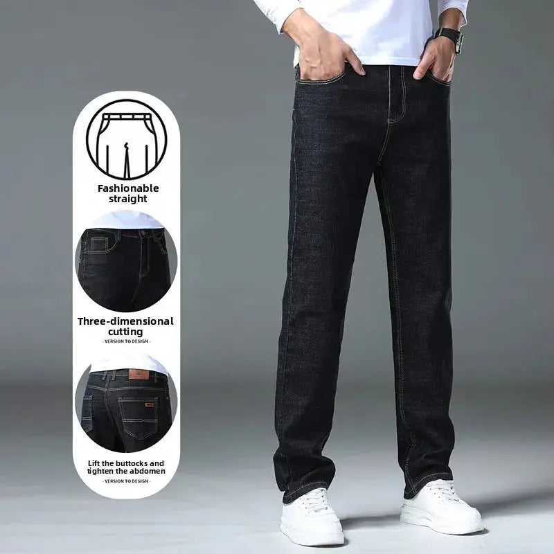 Blue and black men's straight denim pants by SHOPEZRA L.L.C., classic washed stretch cotton jeans for business casual wear.