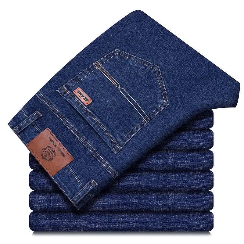 Black and blue men's straight denim jeans by SHOPEZRA L.L.C., classic washed stretch cotton casual and business pants.