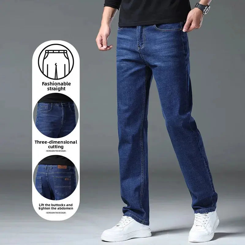 Men's straight denim jeans in black and blue, SHOPEZRA L.L.C. classic washed stretch cotton casual and business pants.
