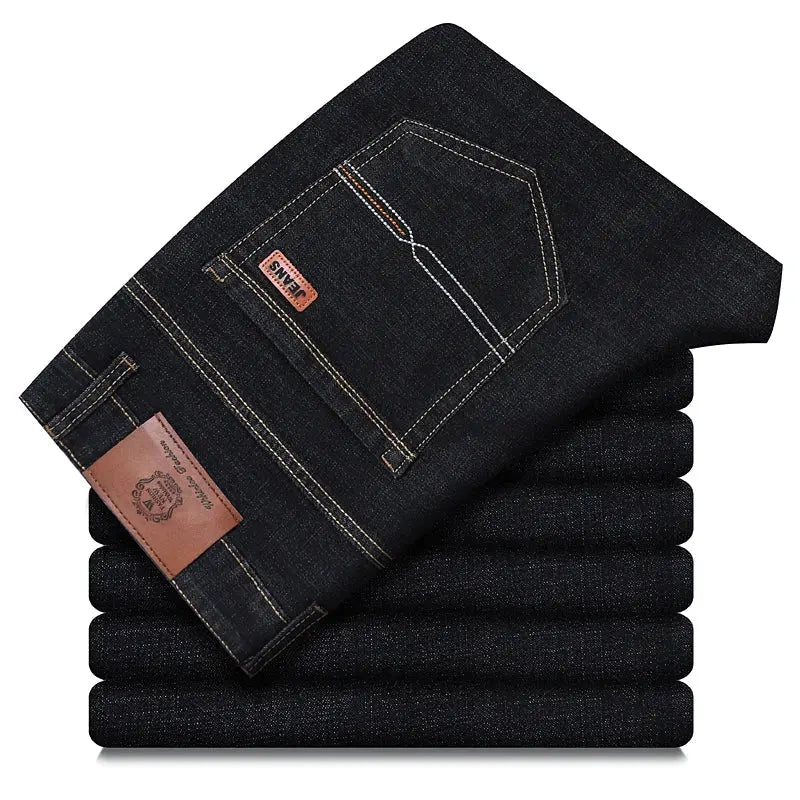 Men's straight denim jeans by SHOPEZRA L.L.C., in black and blue wash, classic stretch cotton, casual and business-style pants.