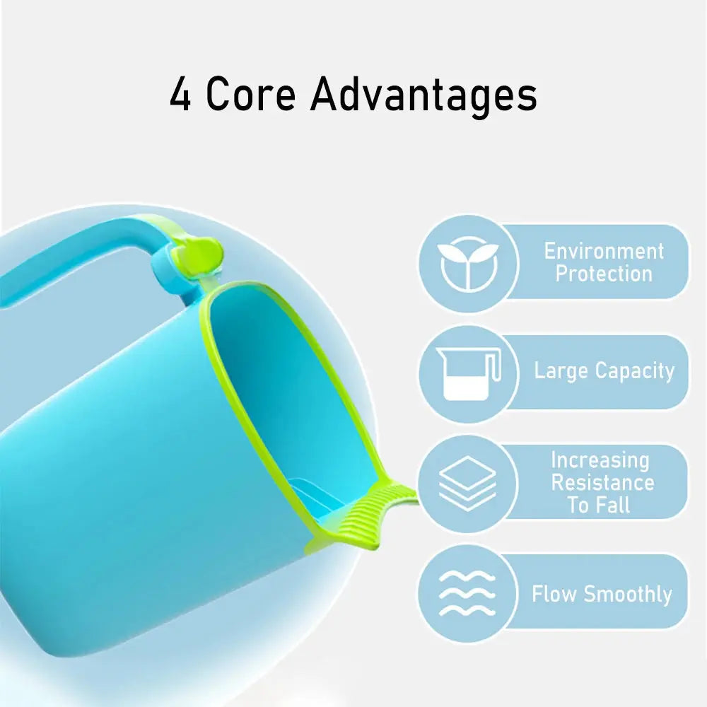 Blue baby bath rinse cup with handles for newborns and children, designed for gentle hair washing during bath time.