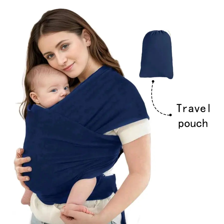 Baby carrier by SHOPEZRA L.L.C. in knitted fabric, front-carrying design for sleeping, breastfeeding, and outings, hands-free use.