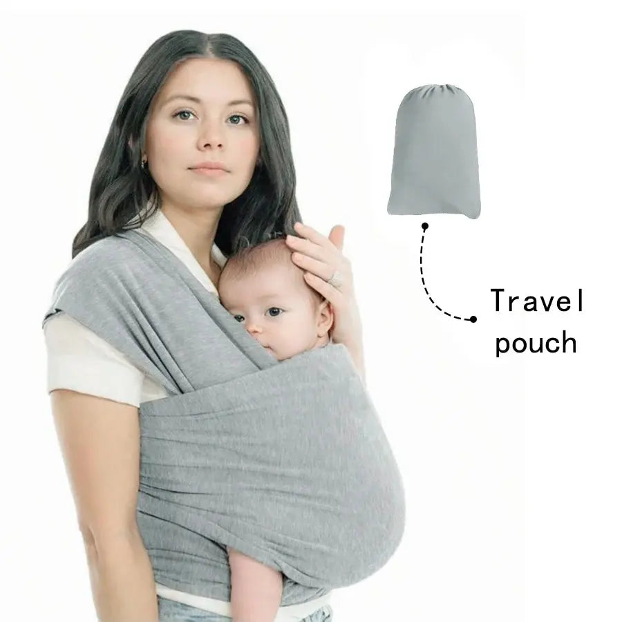 Knitted fabric baby carrier by SHOPEZRA L.L.C. for front-carrying, breastfeeding, and outings, designed for comfort and hands-free convenience.