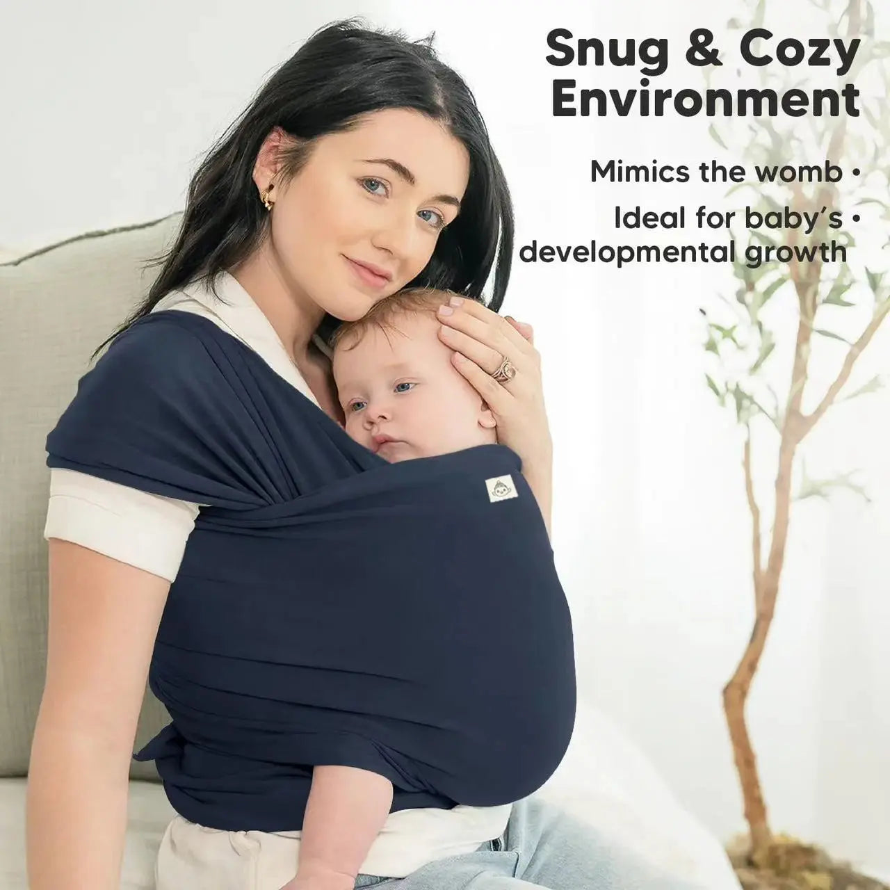 Blue SHOPEZRA L.L.C. baby carrier in knitted fabric, designed for front-carrying, sleeping, breastfeeding, and outings.