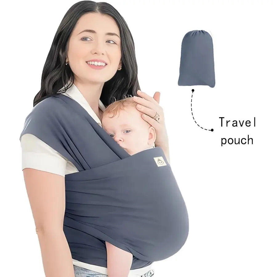 Blue knitted fabric baby carrier from SHOPEZRA L.L.C. for front-carrying, sleeping, breastfeeding, and outdoor use.